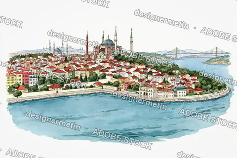 Watercolor Illustration Of Hagia Sophia And Istanbul Skyline Along The Bosphorus Coast