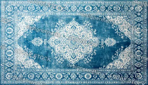 Vintage Persian Rug With Intricate Blue White Floral Medallion On Distressed Textile Background