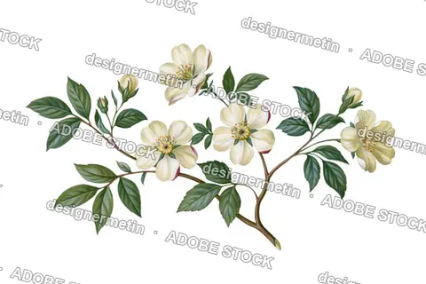 Vintage Botanical Illustration Of White Rose Branch With Green Leaves, Isolated On Transparent Background, Png
