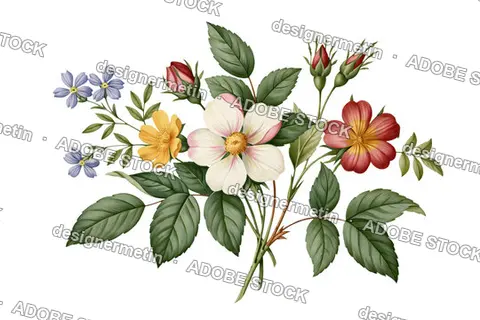 Vintage Botanical Bouquet With White Wild Roses And Blue Forget-Me-Nots, Isolated On Transparent Background, Png