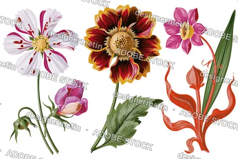 Vintage Botanical Flower Illustrations With Detailed Petals And Stems, Isolated On Transparent Background, Png