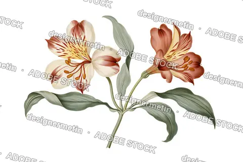 Vintage Alstroemeria Flowers Botanical Illustration With Green Leaves, Isolated On Transparent Background, Png