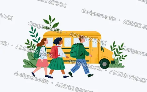 Children With Backpacks Walking Toward A Yellow School Bus Outdoors