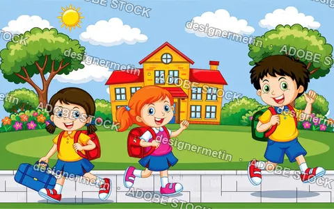 Happy School Children With Backpacks Walking To A Yellow Building On A Sunny Day