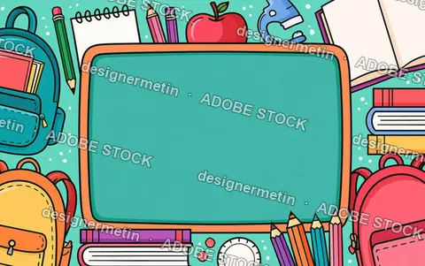 Cartoon School Supplies Surrounding A Blank Green Chalkboard Frame For Education Background