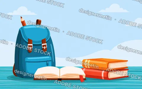 Blue School Backpack And Books Sitting On A Wooden Desk With Sky Background