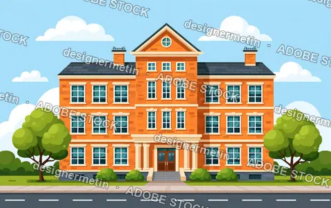 Classic Brick School Building Standing On A City Street With Green Trees And Clouds