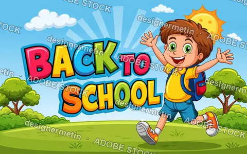 Happy Boy With Backpack Running In Sunny Park With Back To School Text