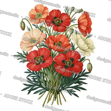 Hand Drawn Red Poppy Flowers Bouquet With Green Leaves, Isolated On Transparent Background, Png