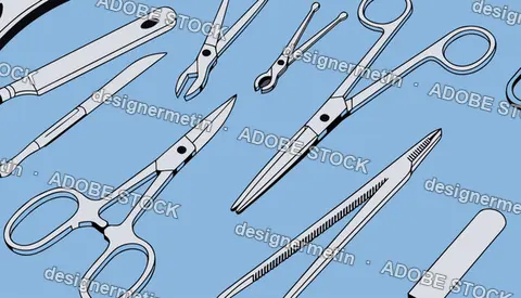 Vector Illustration Of Surgical Instruments And Medical Tools On Blue Background