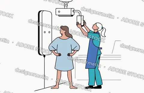 Medical Technician Adjusting X-Ray Machine For Patient In Clinic Vector Illustration