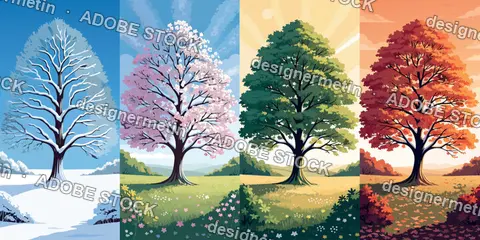 Four Seasons Vector Tree Displaying Seasonal Changes In A Nature Landscape Scenery
