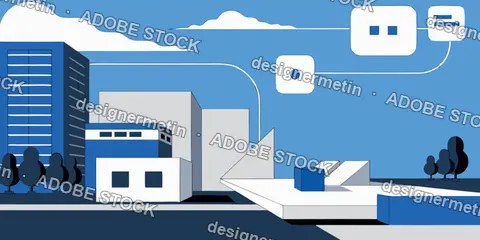 Vector Illustration Of A Smart City Data Center With Cloud Network Connections