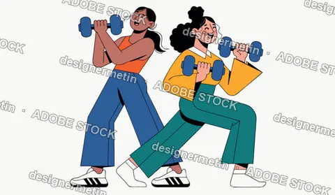 Two Young Diverse Women Exercising With Blue Dumbbells In A Modern Vector Illustration