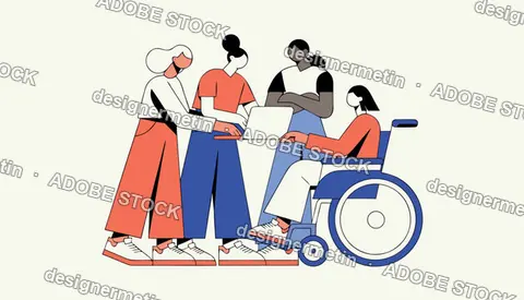 Diverse Team Collaborating In A Modern Inclusive Office Environment, Flat Vector
