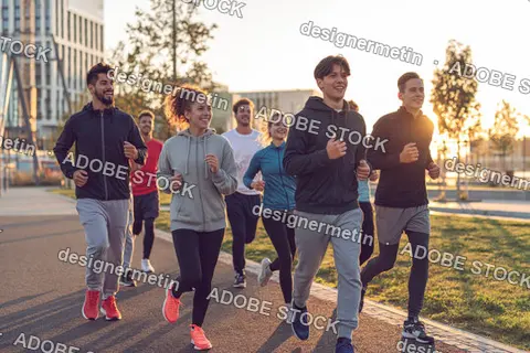 Young Friends Running Together On Urban Park Path In Warm Golden Evening Light