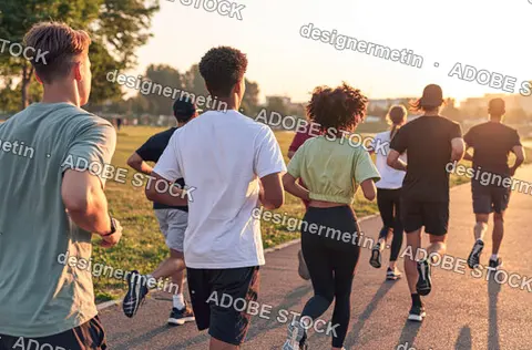 Group Of Young Adults Running Together On Park Path At Warm Sunset From Behind