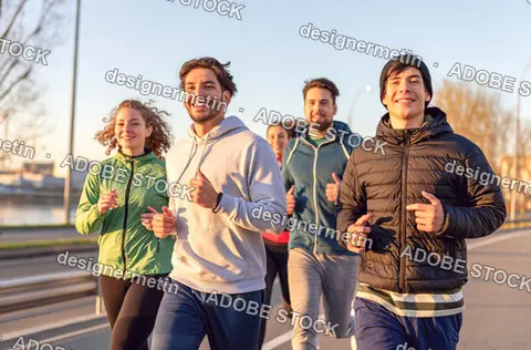 Young Adult Running Group Jogging Together Outdoors In City At Golden Hour