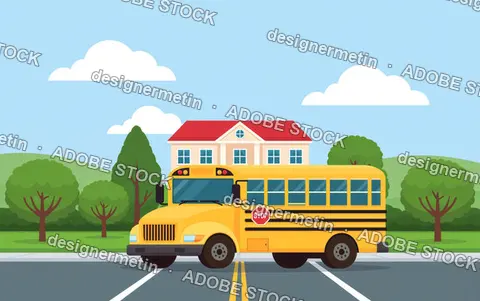 Yellow School Bus Parked In Front Of School Building, Colorful Flat Illustration