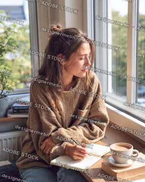 Young Woman Journaling By Sunny Apartment Window With Coffee And Cozy Sweater
