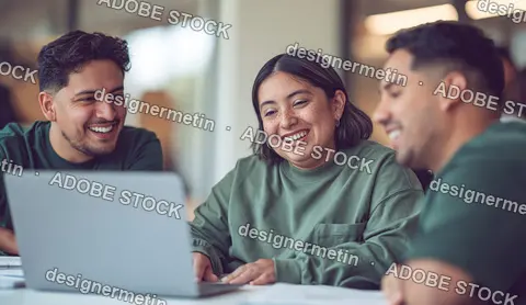 Diverse Young Professionals Smiling While Working On A Laptop In A Modern Office