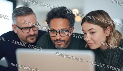 Diverse Group Of Colleagues Collaborating On A Digital Project Around A Laptop Screen