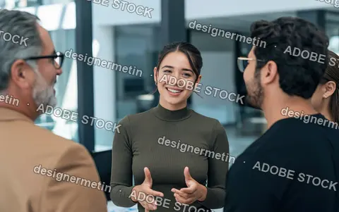 Smiling Business Woman Talking To Diverse Colleagues In A Modern Office Environment