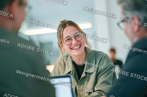 Happy Young Woman Wearing Glasses Talking With Colleagues In A Bright Office Space