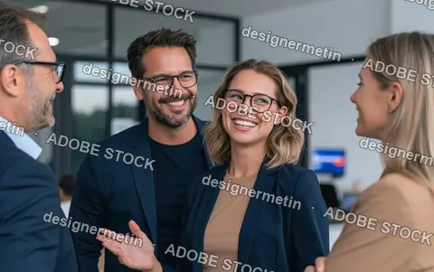Smiling Business Team Having A Friendly Conversation In A Modern Office