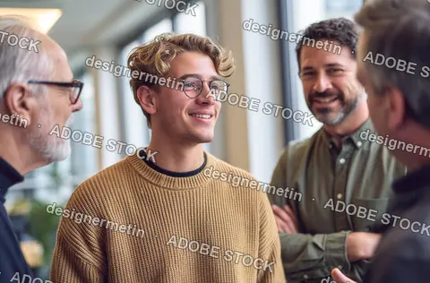 Young Professional With Glasses Talking With Older Colleagues In Bright Office