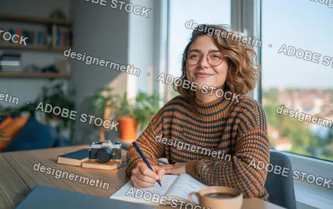 Smiling Woman With Glasses Writing In Notebook At Home Desk With Camera And Coffee