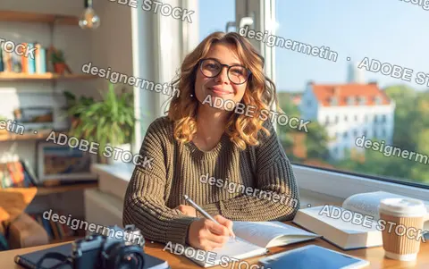 Smiling Woman With Glasses Writing At Sunny Home Desk With Books And Camera