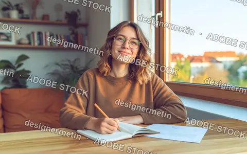 Smiling Young Woman Writing Notes At Sunny Apartment Table Beside Large Window