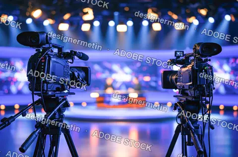 Two Professional Broadcast Cameras Framing A Blue Television Studio Set