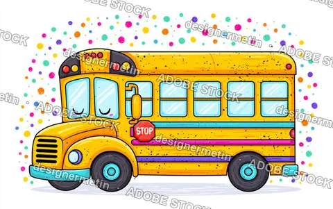 Colorful Cartoon School Bus Illustration With Confetti On White Background