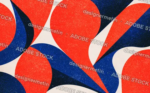 Retro Modern Abstract Composition With Flowing Red And Blue Organic Shapes
