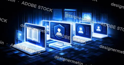 Digital Learning And Cybersecurity Network With Laptops And User Profiles