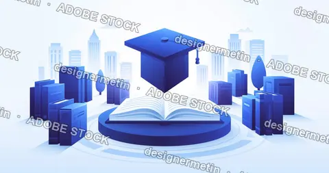 Online Education Concept With Graduation Cap, Open Book And City Background