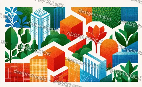Sustainable Smart City Illustration With Buildings, Trees And Green Spaces