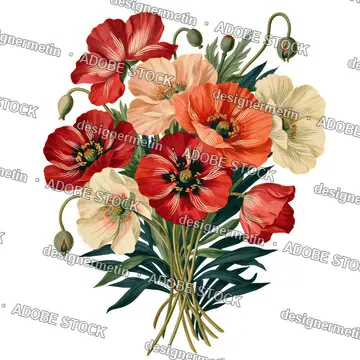 Painted Poppy Bouquet With Red Peach Blooms, Isolated On Transparent Background, Png