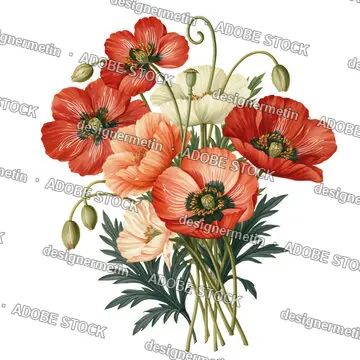 Vintage Poppy Bouquet With Coral Cream Blooms, Isolated On Transparent Background, Png