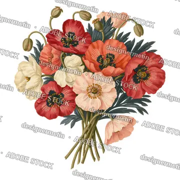 Vintage Poppy Bouquet With Red Coral Flowers, Isolated On Transparent Background, Png