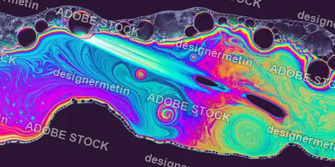 Iridescent Soap Film Macro With Neon Swirls And Bubbles