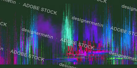 Neon Raster Glitch Lines On Dark Green Digital Background