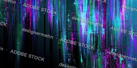Neon Digital Glitch Texture With Vertical Lines On Black