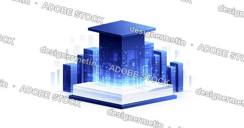 Blue Digital Education Concept With Graduation Cap And Open Book
