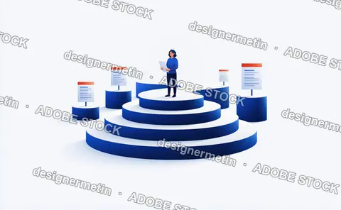 Woman On Learning Progress Steps With Digital Course Cards