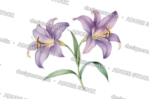 Beautiful Hand Drawn Purple Lily Flowers With Green Leaves, Isolated On Transparent Background, Png
