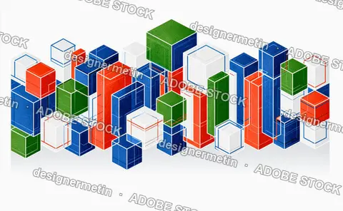 Abstract Isometric Composition With Colorful 3d Blocks And Wireframe Outlines