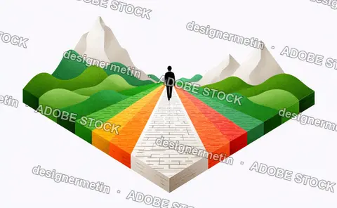 Businessman Walking On A Colorful Isometric Path Toward Mountains
